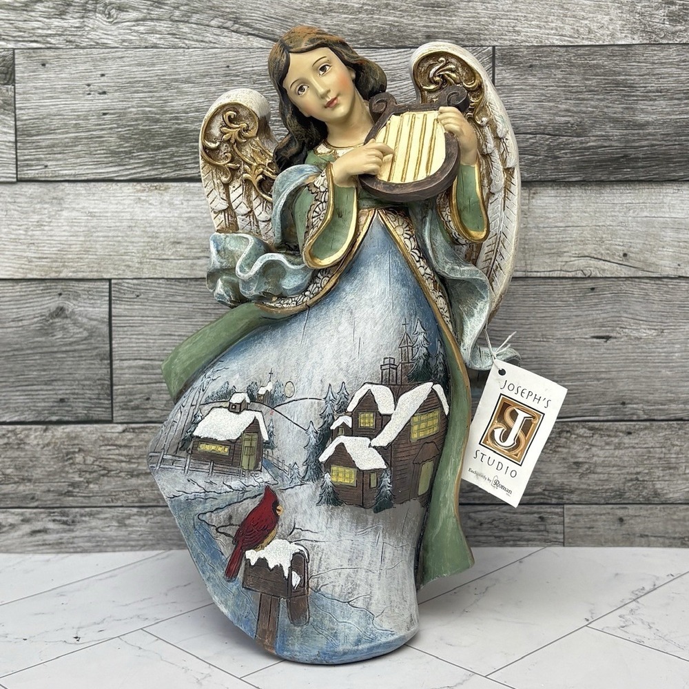 Holiday Angel Holding Harp from Joseph's Studio by Roman, Inc. (Cardinal Scene)